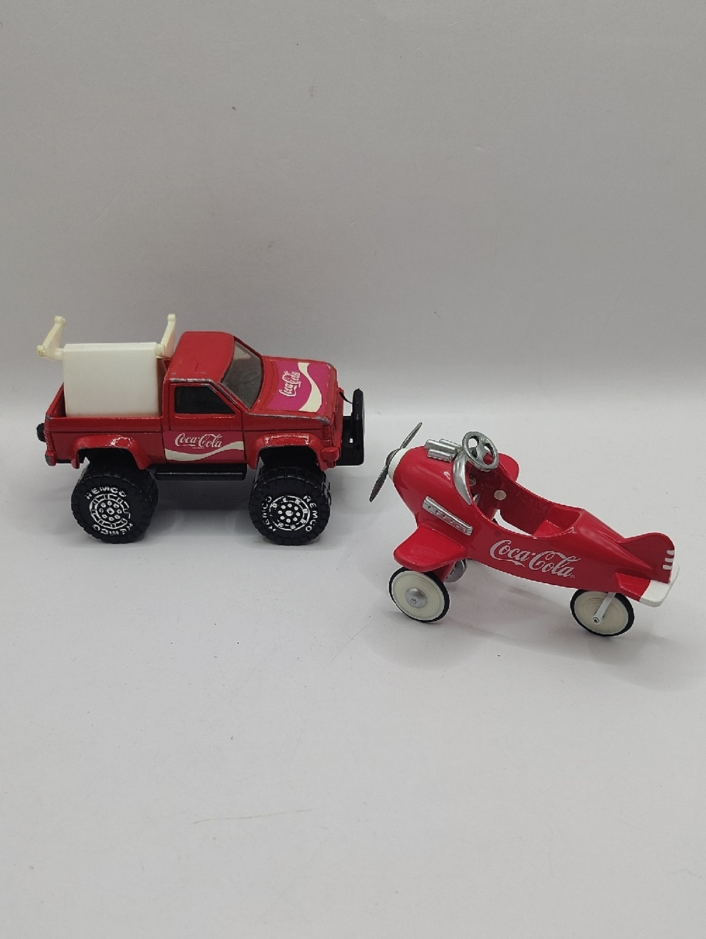 Vintage Coca Cola Red Toy Truck and Red Pedal Plane Metal Die Cast Set